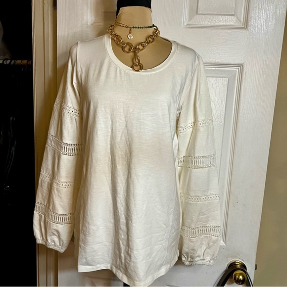 Belle by Kim Gravel Tops - Belle Boho Women’s Cotton Knit Bishop Sleeve Cutout Casual White Top S